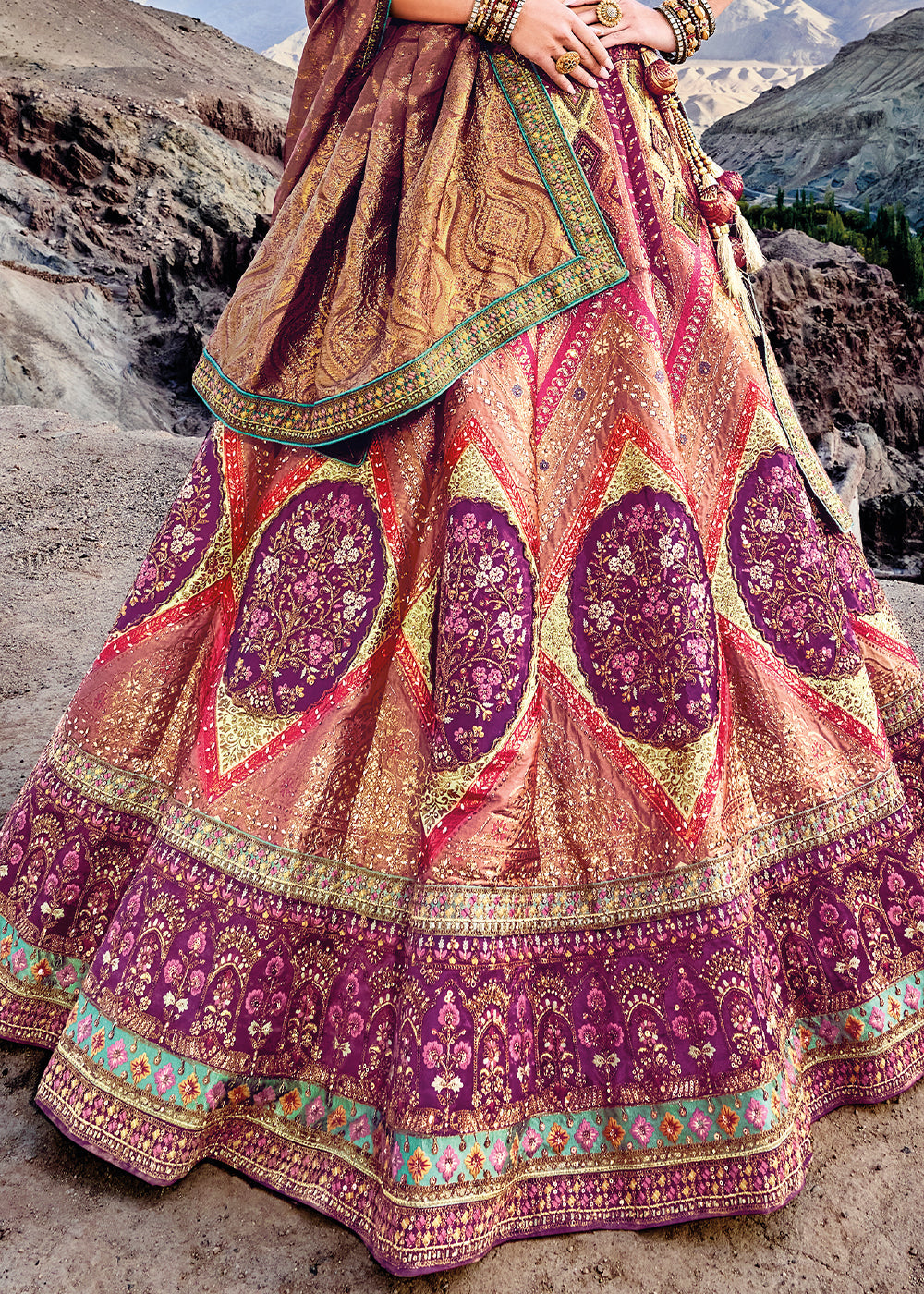 Multicolored Banarasi Jacquard Silk Lehenga with Cut Work & Hand Work Embroidery