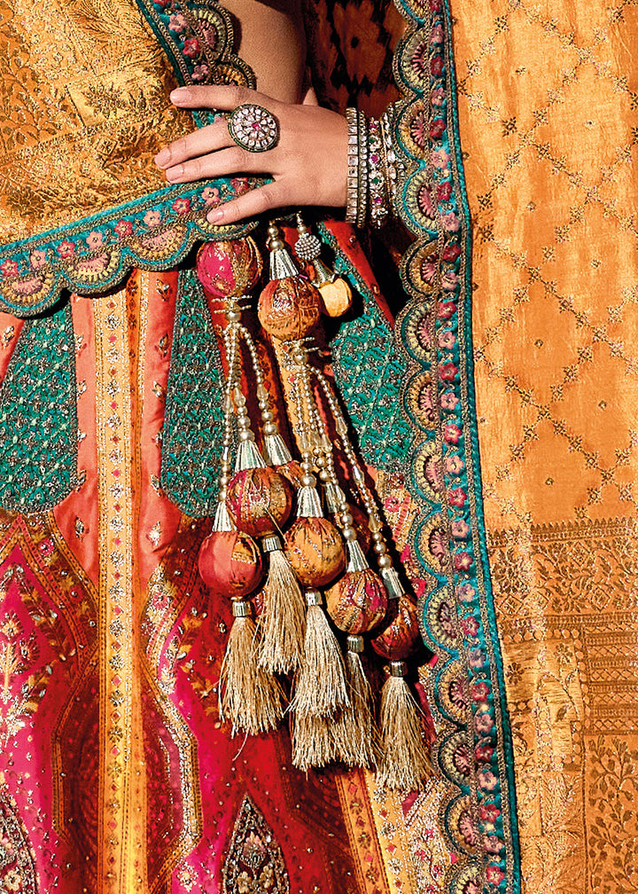 Orange & Red Banarasi Jacquard Silk Lehenga with Cut Work & Hand Work Embroidery
