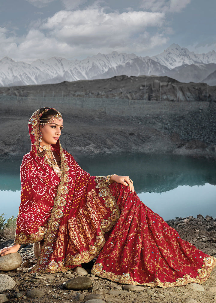 Crimson Red Bandhej Satin Silk Saree with Mirror,Moti & Cut-Dana Work