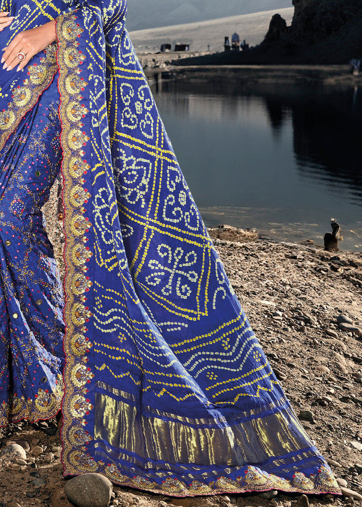 Azure Blue Bandhej Satin Silk Saree with Mirror,Moti & Cut-Dana Work