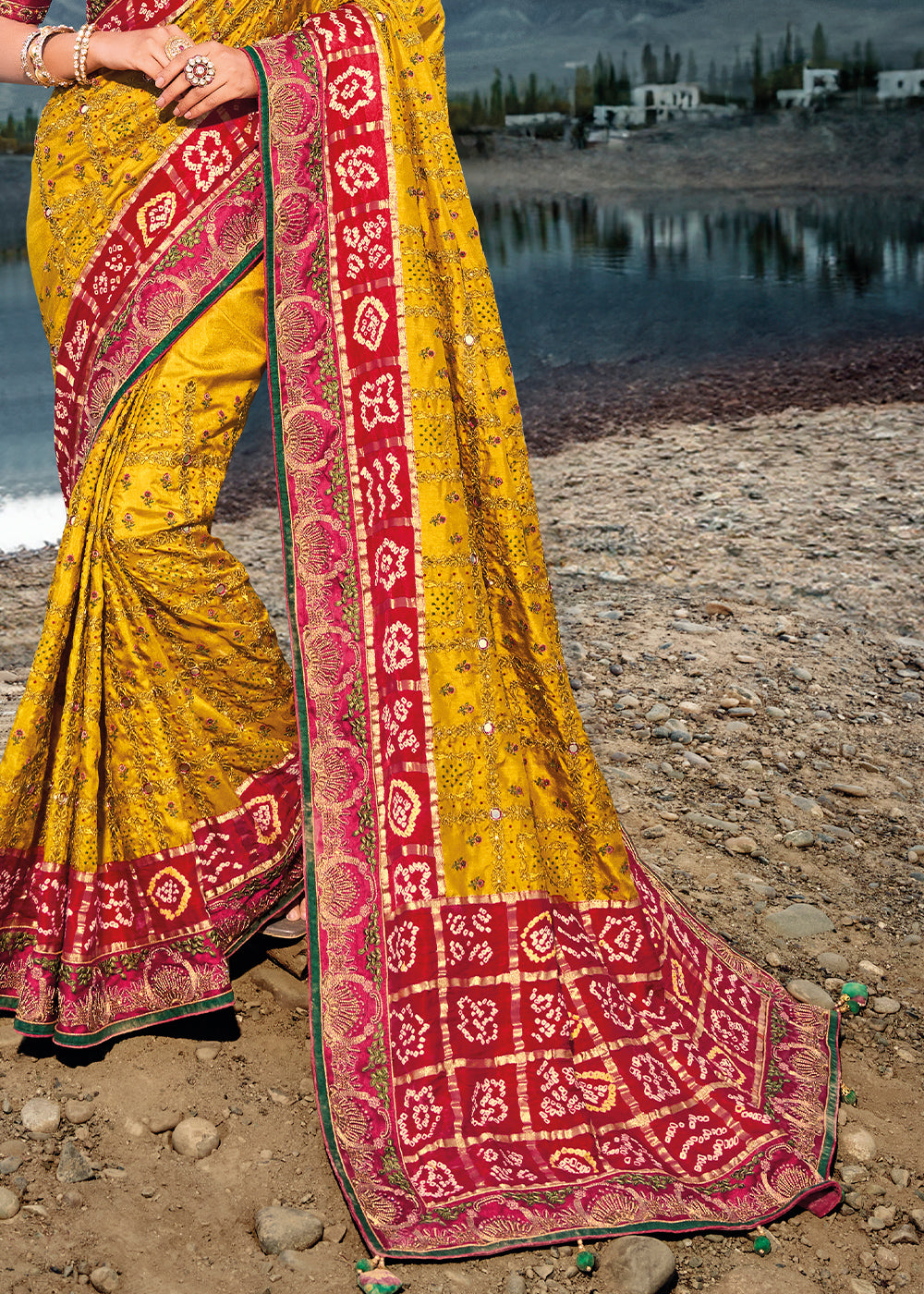 Mustard Yellow Bandhej Satin Silk Saree with Mirror,Moti & Cut-Dana Work
