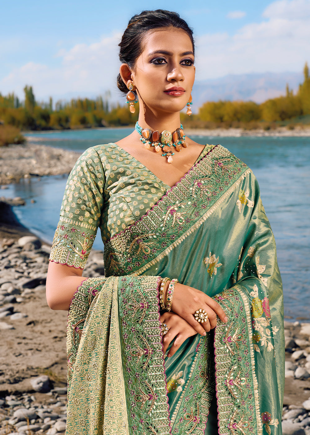 Shades Of Green Zari Woven Banarasi Silk Saree with Mirror,Moti & Cut Dana work: Top Pick