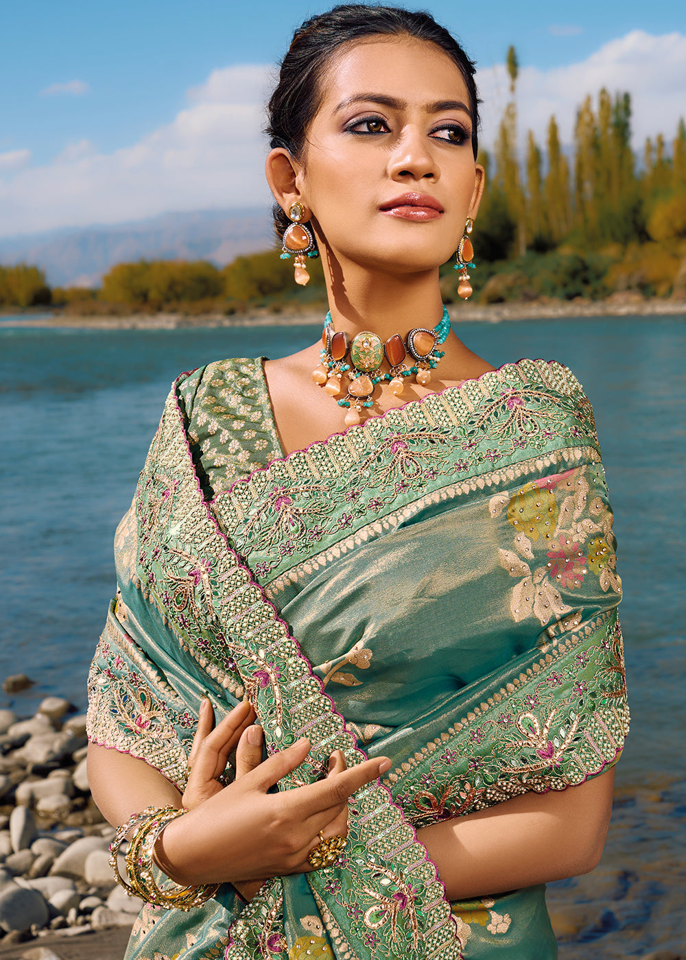 Shades Of Green Zari Woven Banarasi Silk Saree with Mirror,Moti & Cut Dana work: Top Pick