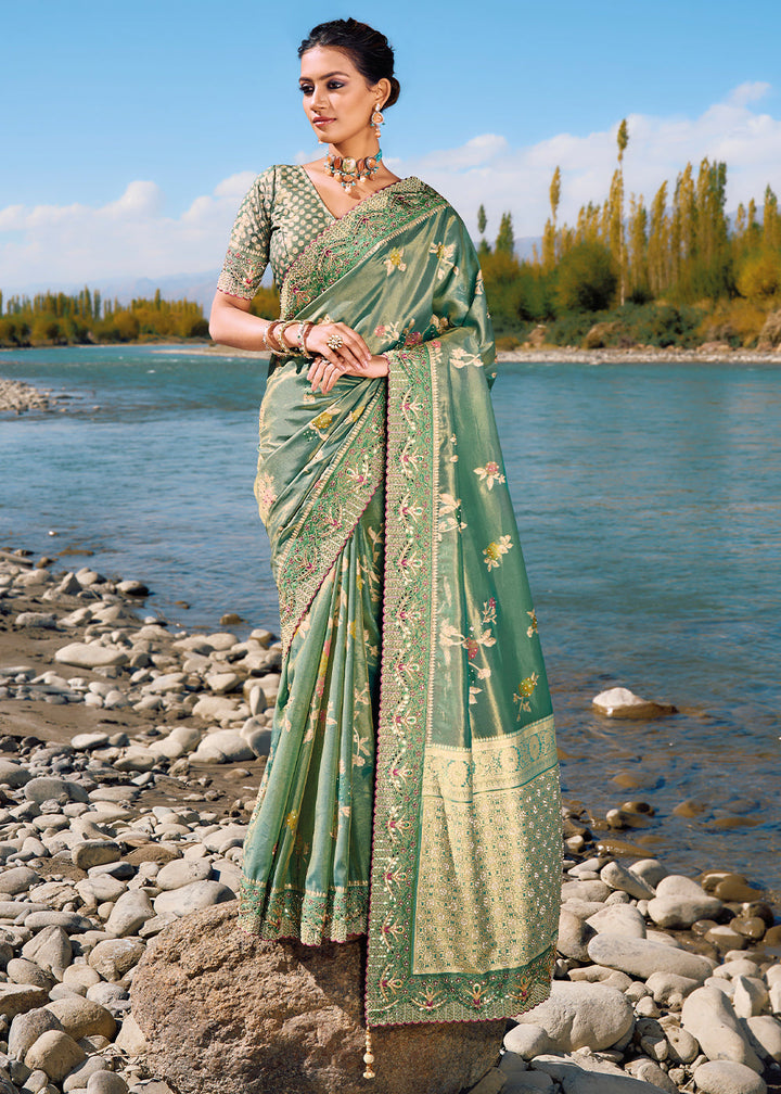 Shades Of Green Zari Woven Banarasi Silk Saree with Mirror, Moti & Cut Dana work
