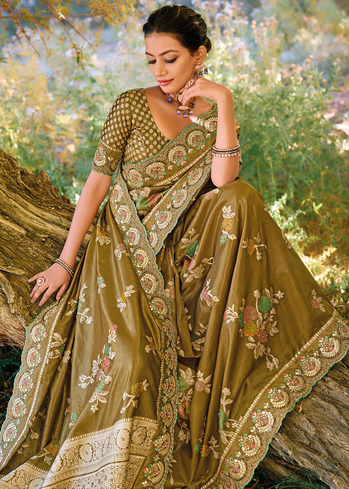 Olive Brown Zari Woven Banarasi Silk Saree with Mirror,Moti & Cut Dana work: Top Pick