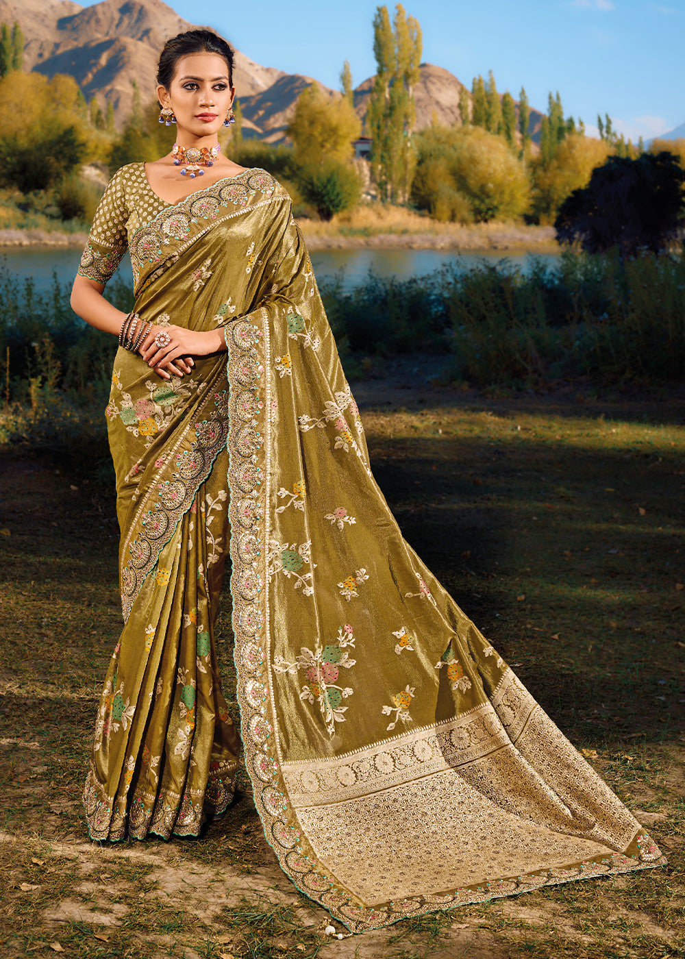 Olive Brown Zari Woven Banarasi Silk Saree with Mirror,Moti & Cut Dana work: Top Pick