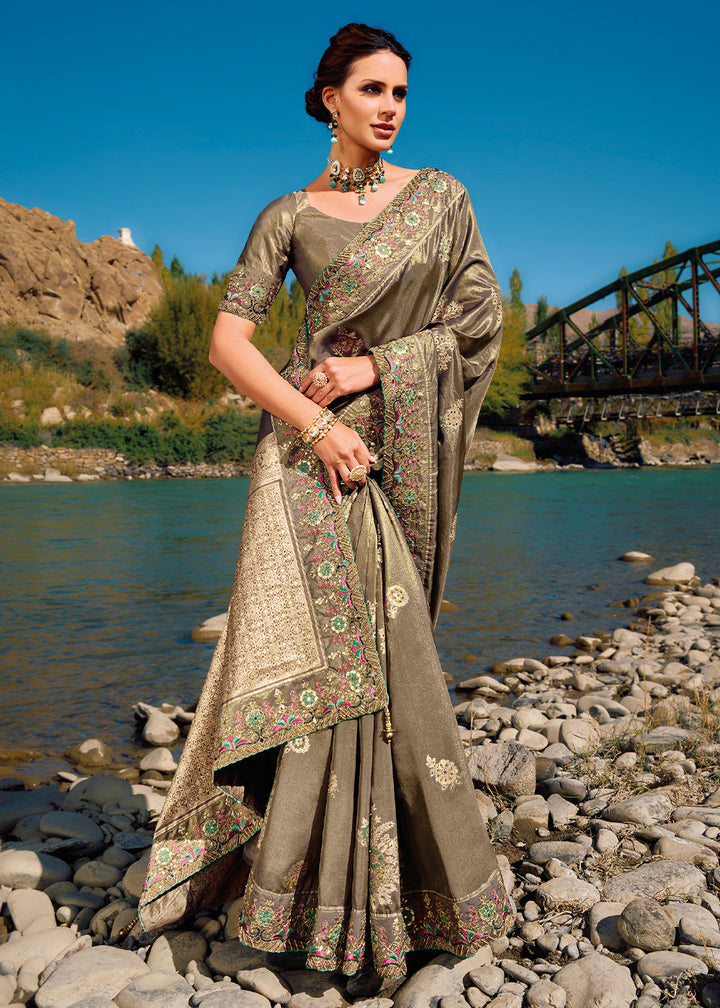 Mink Grey Zari Woven Banarasi Silk Saree with Mirror, Moti & Cut Dana work