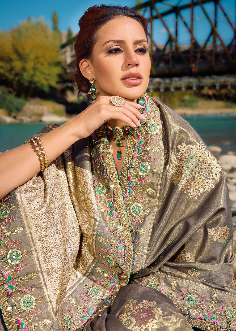 Mink Grey Zari Woven Banarasi Silk Saree with Mirror, Moti & Cut Dana work
