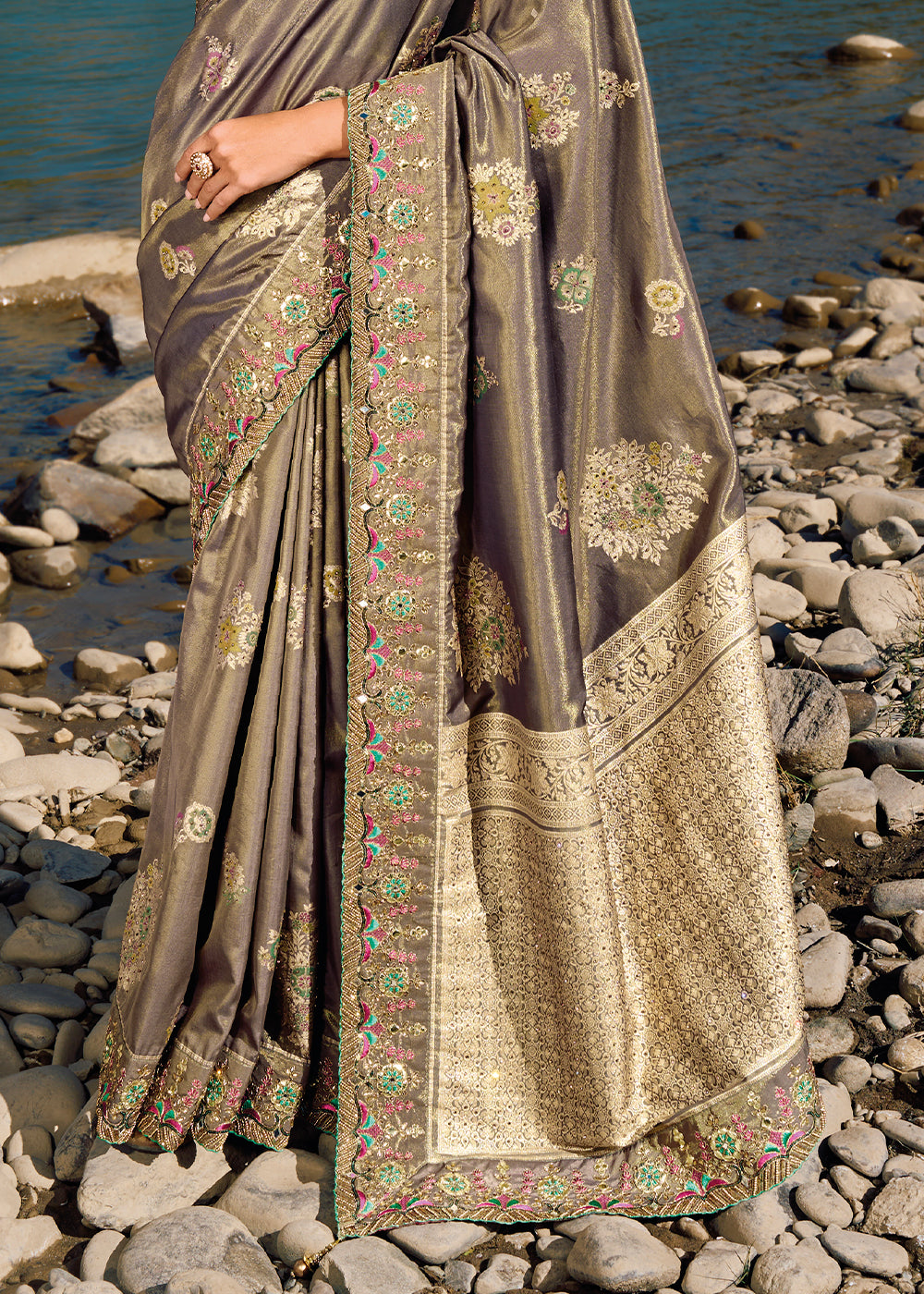 Mink Grey Zari Woven Banarasi Silk Saree with Mirror,Moti & Cut Dana work: Top Pick