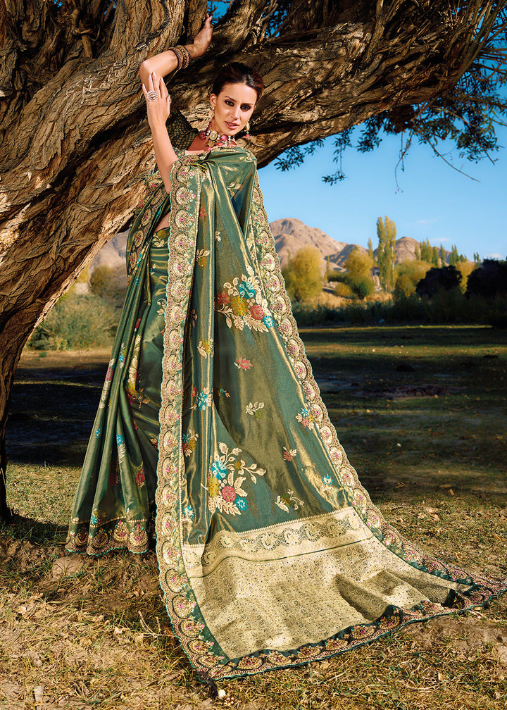 Hunter Green Zari Woven Banarasi Silk Saree with Mirror, Moti & Cut Dana work
