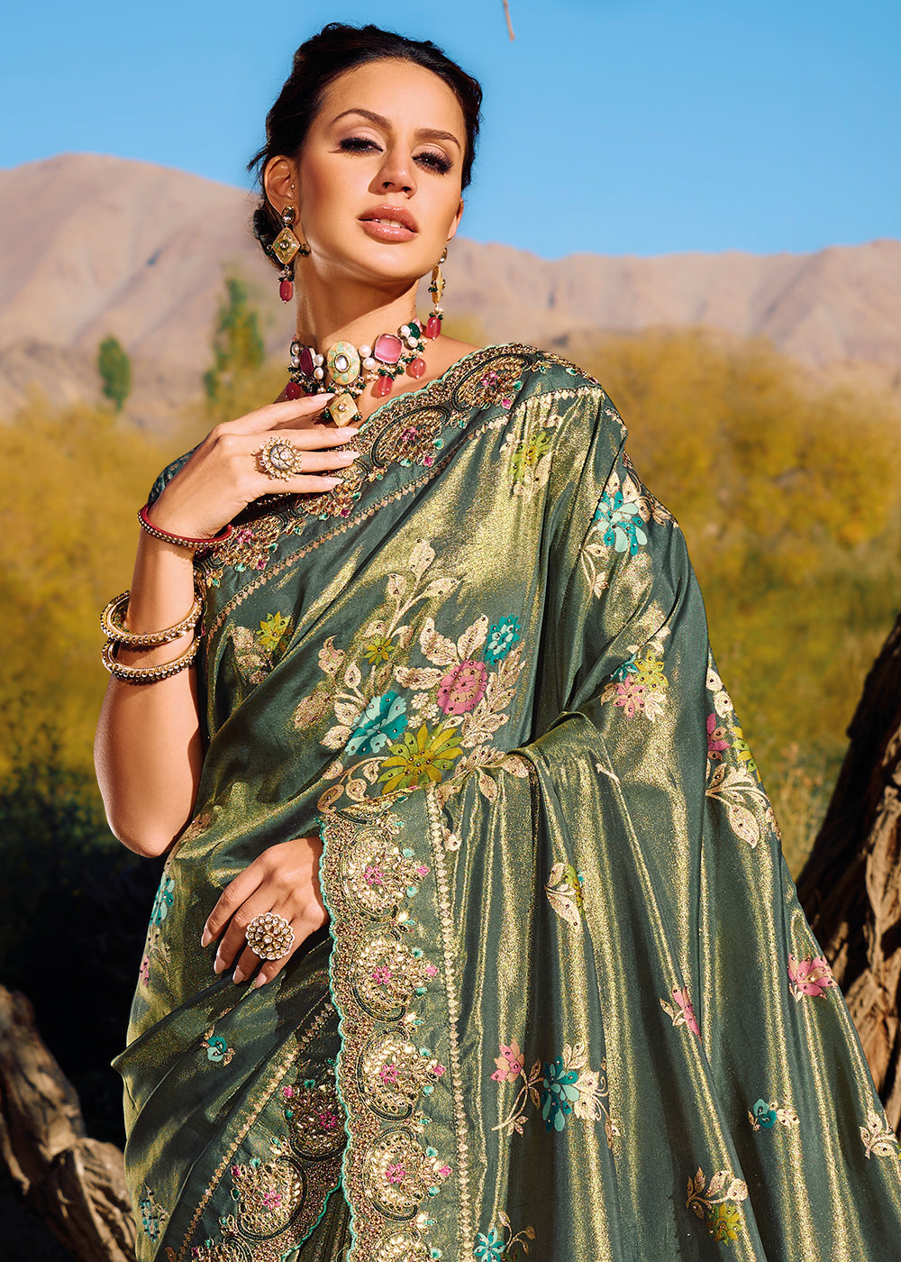 Hunter Green Zari Woven Banarasi Silk Saree with Mirror,Moti & Cut Dana work: Top Pick
