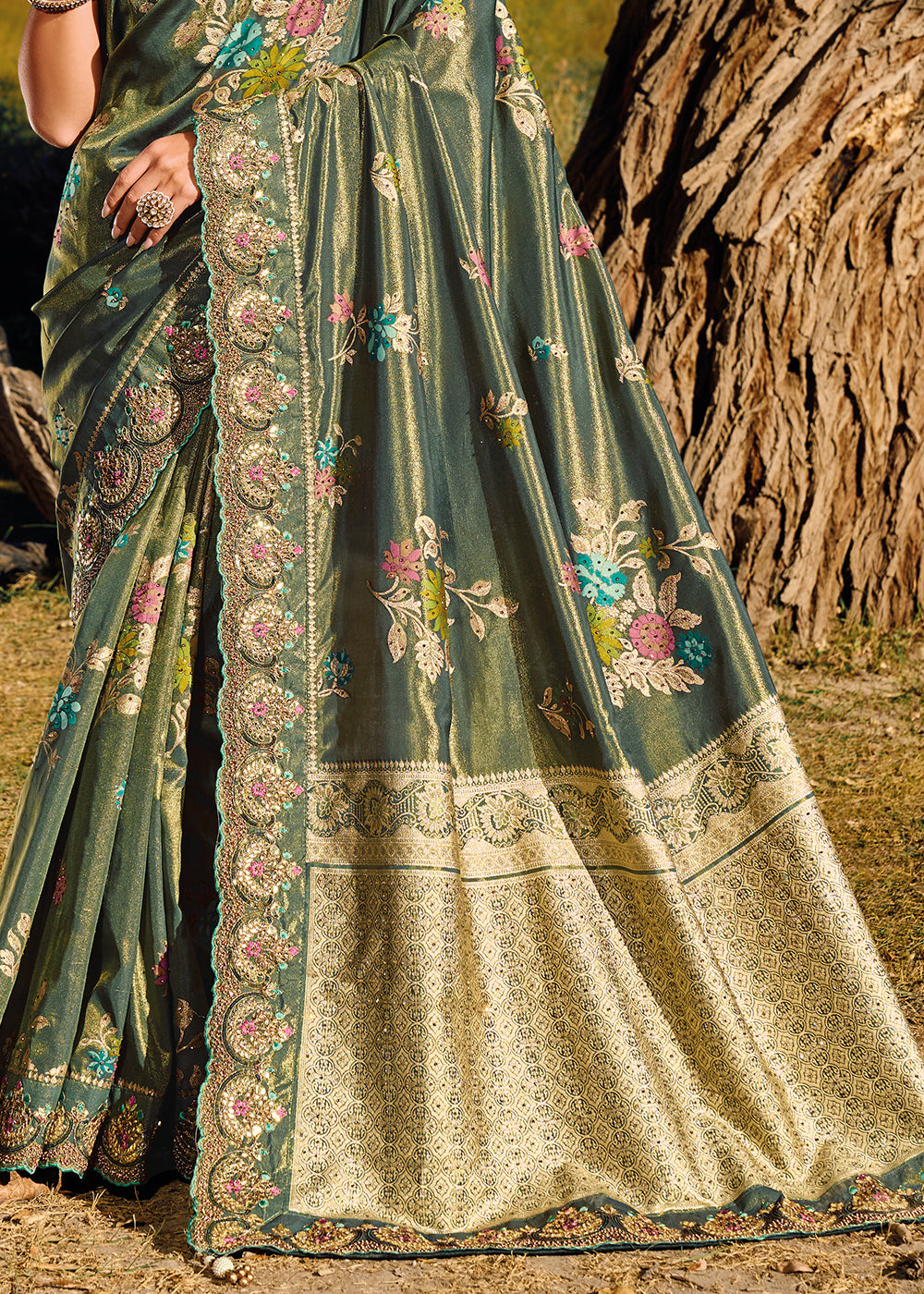 Hunter Green Zari Woven Banarasi Silk Saree with Mirror,Moti & Cut Dana work: Top Pick