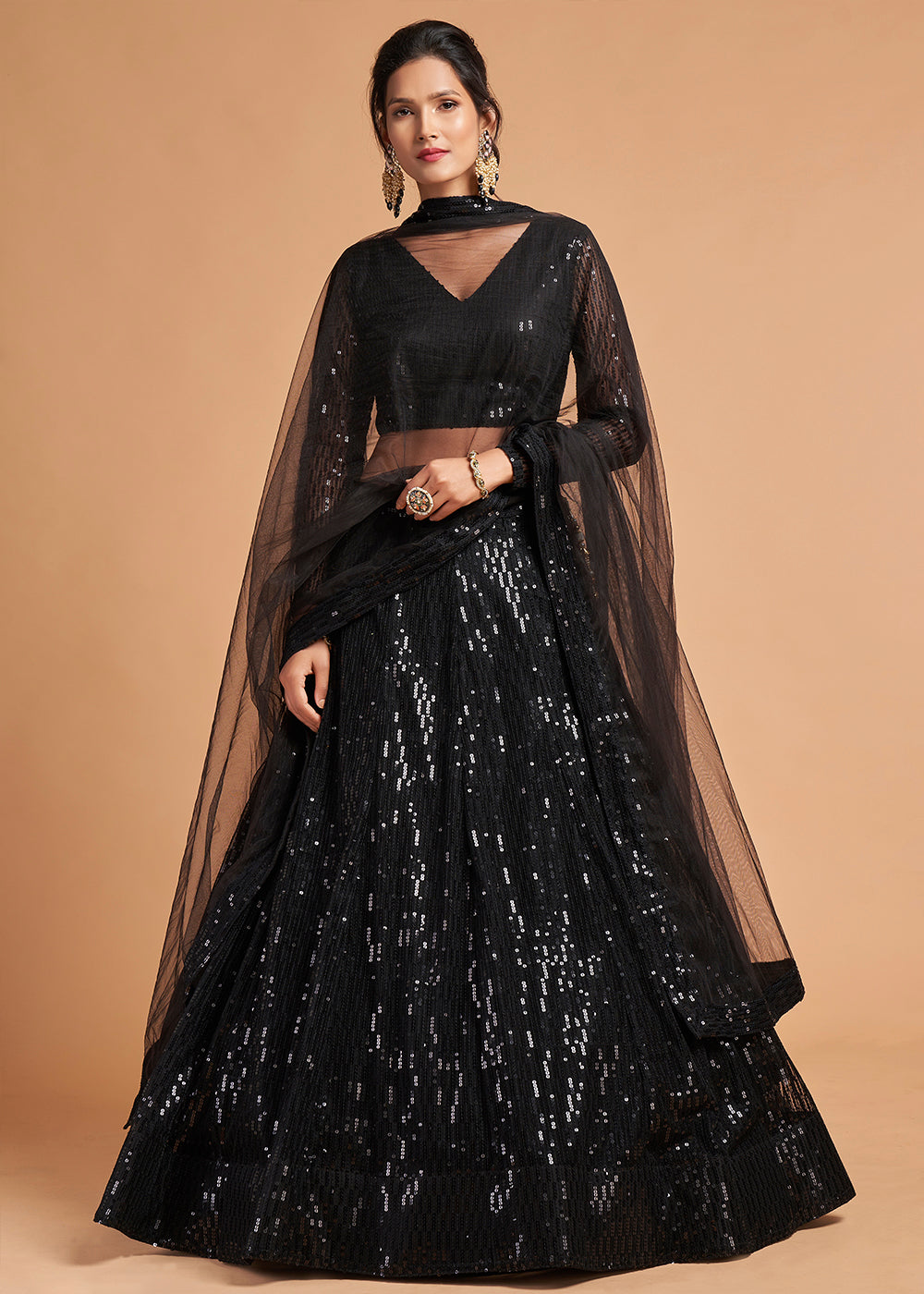 Pebble Black Designer Soft Net Lehenga Choli with Thread & Sequins work