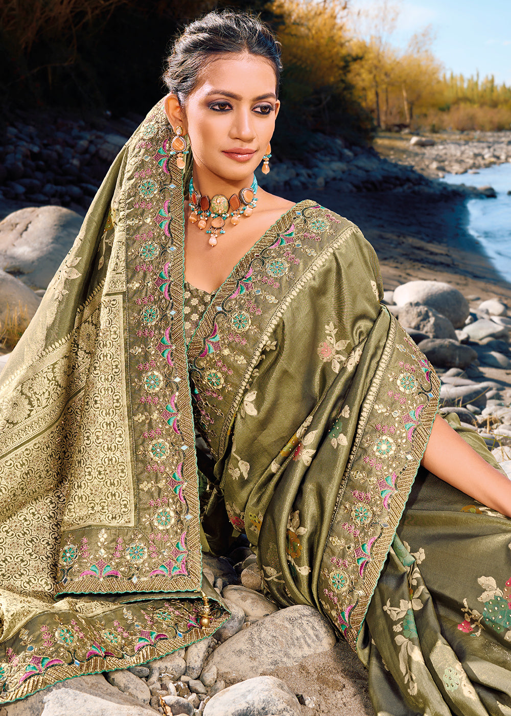 Crocodile Green Zari Woven Banarasi Silk Saree with Mirror,Moti & Cut Dana work: Top Pick