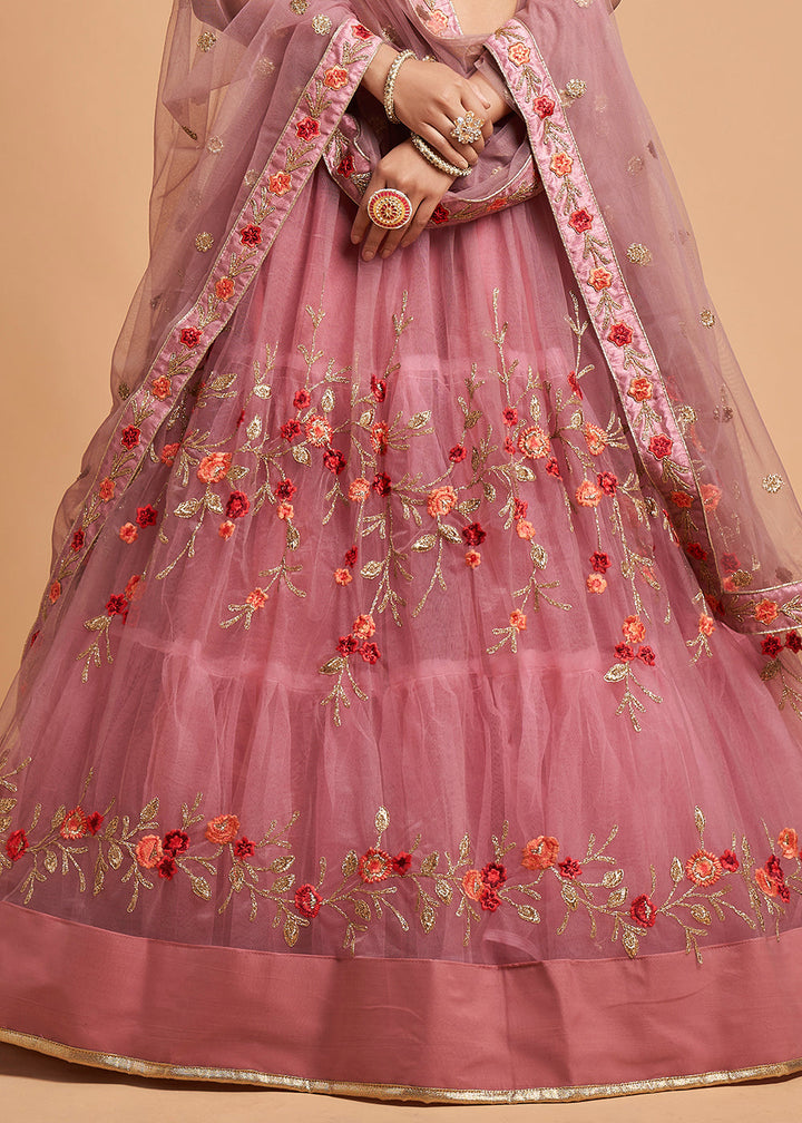 Dusty Pink Designer Soft Net Lehenga Choli with Zari, Dori & Thread Embroidery work