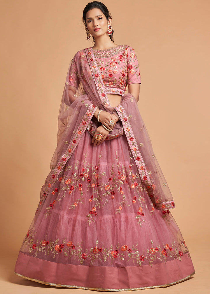 Dusty Pink Designer Soft Net Lehenga Choli with Zari, Dori & Thread Embroidery work