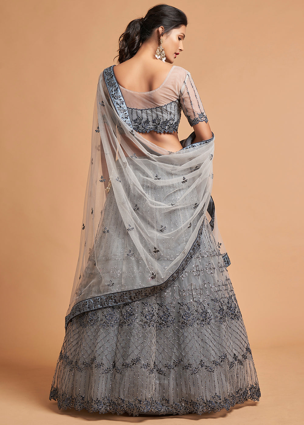 Light Grey Designer Soft Net Lehenga Choli with Zari, Dori & Thread Embroidery work