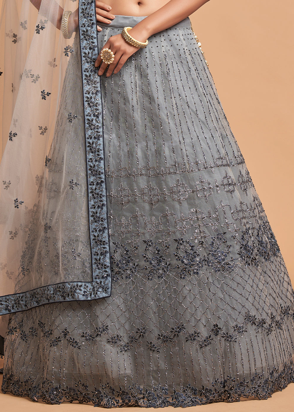 Light Grey Designer Soft Net Lehenga Choli with Zari, Dori & Thread Embroidery work