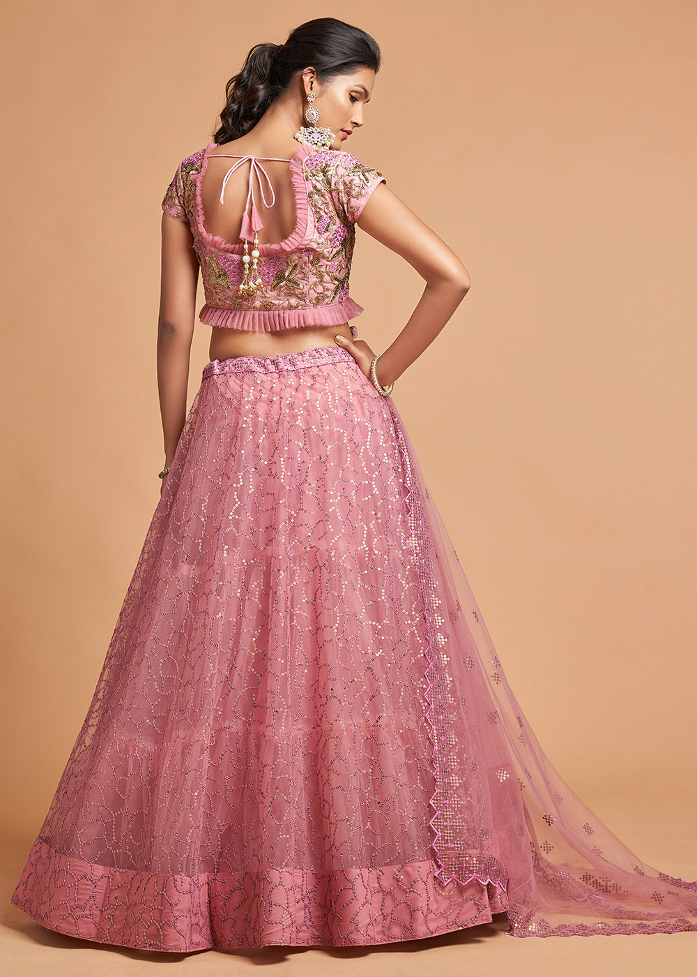 Flamingo Pink Designer Soft Net Lehenga Choli with Zari, Dori & Thread Embroidery work