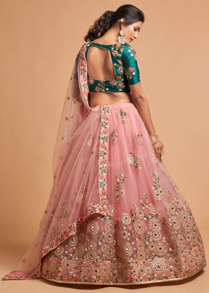 Grapefruit Pink Designer Soft Net Lehenga Choli with Zari, Dori, Thread & Sequins Embroidery work