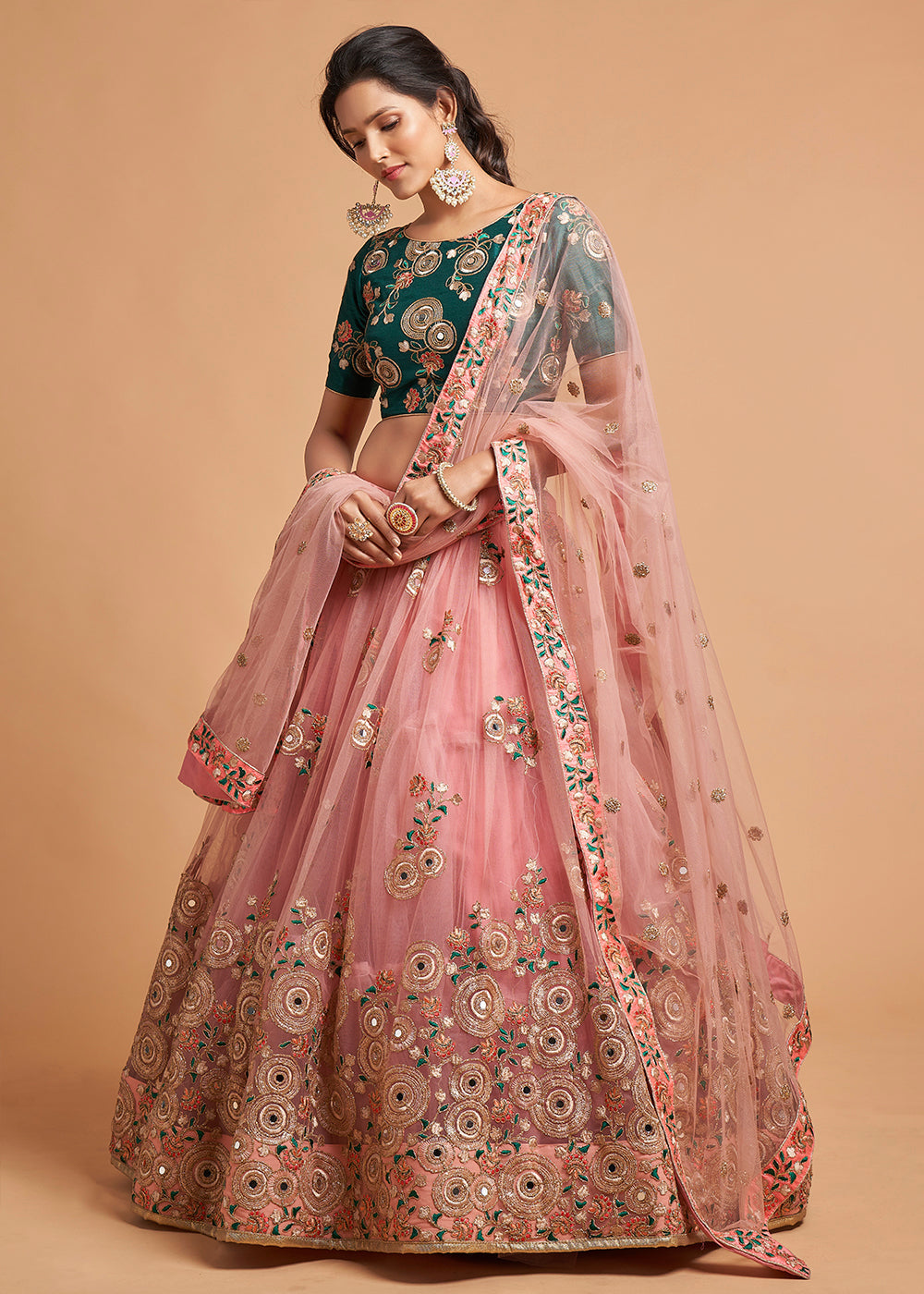 Grapefruit Pink Designer Soft Net Lehenga Choli with Zari, Dori, Thread & Sequins Embroidery work