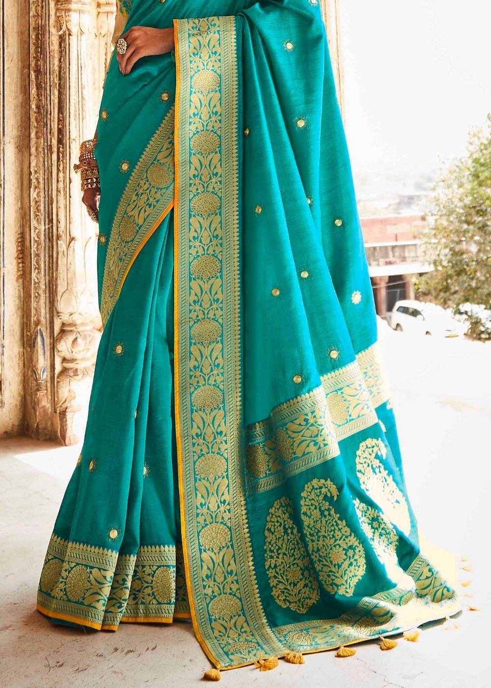 Cerulean Blue Woven Silk Saree with Designer Blouse