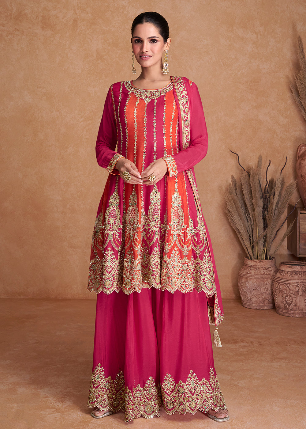 Bright Pink Designer Chinnon Plazzo Suit with Sequins work