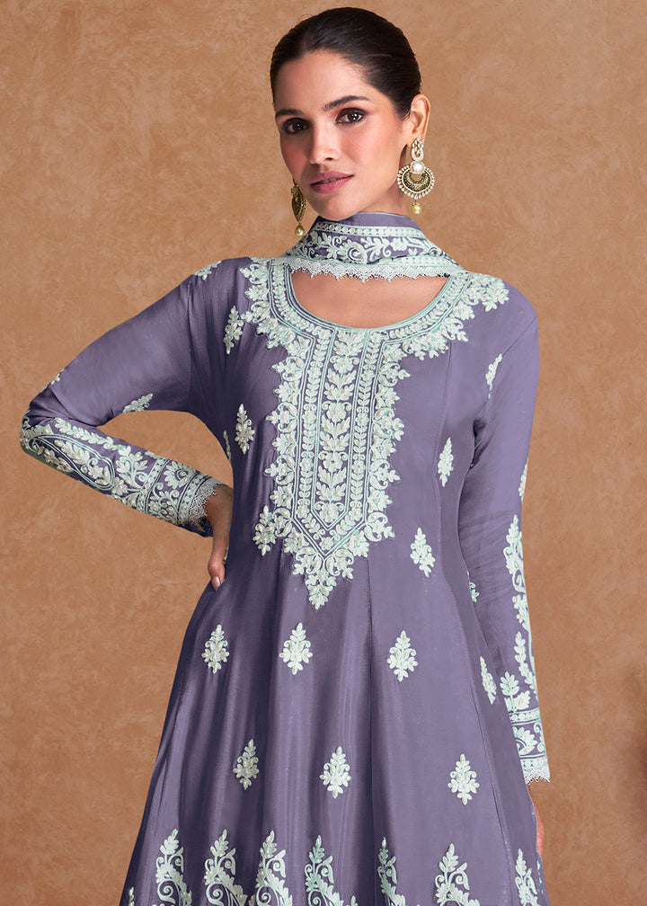 Amethyst Purple Silk Plazzo Suit with Embroidery work