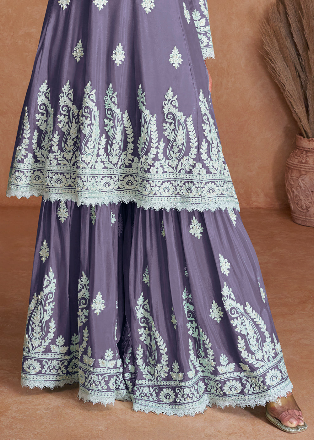 Amethyst Purple Silk Plazzo Suit with Embroidery work