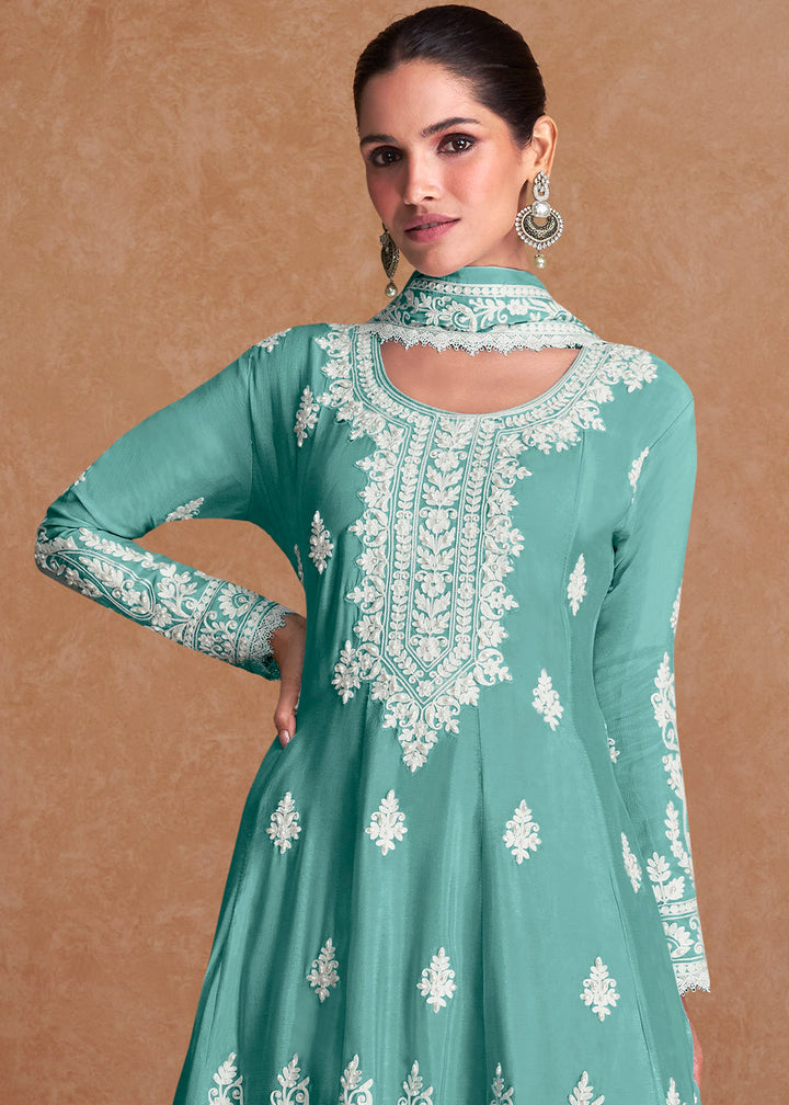 Arctic Blue Silk Plazzo Suit with Embroidery work