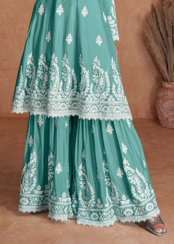 Arctic Blue Silk Plazzo Suit with Embroidery work