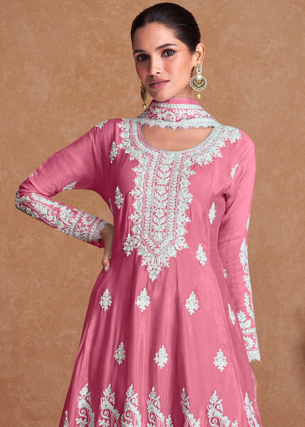 Light Deep Pink Silk Plazzo Suit with Embroidery work