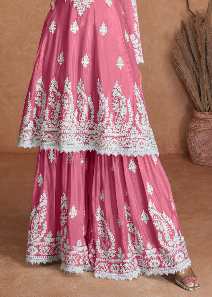 Light Deep Pink Silk Plazzo Suit with Embroidery work