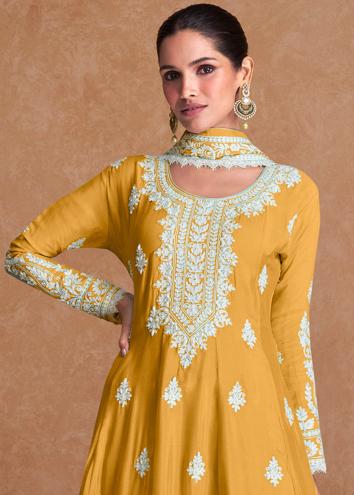 Butterscotch Yellow Silk Plazzo Suit with Embroidery work