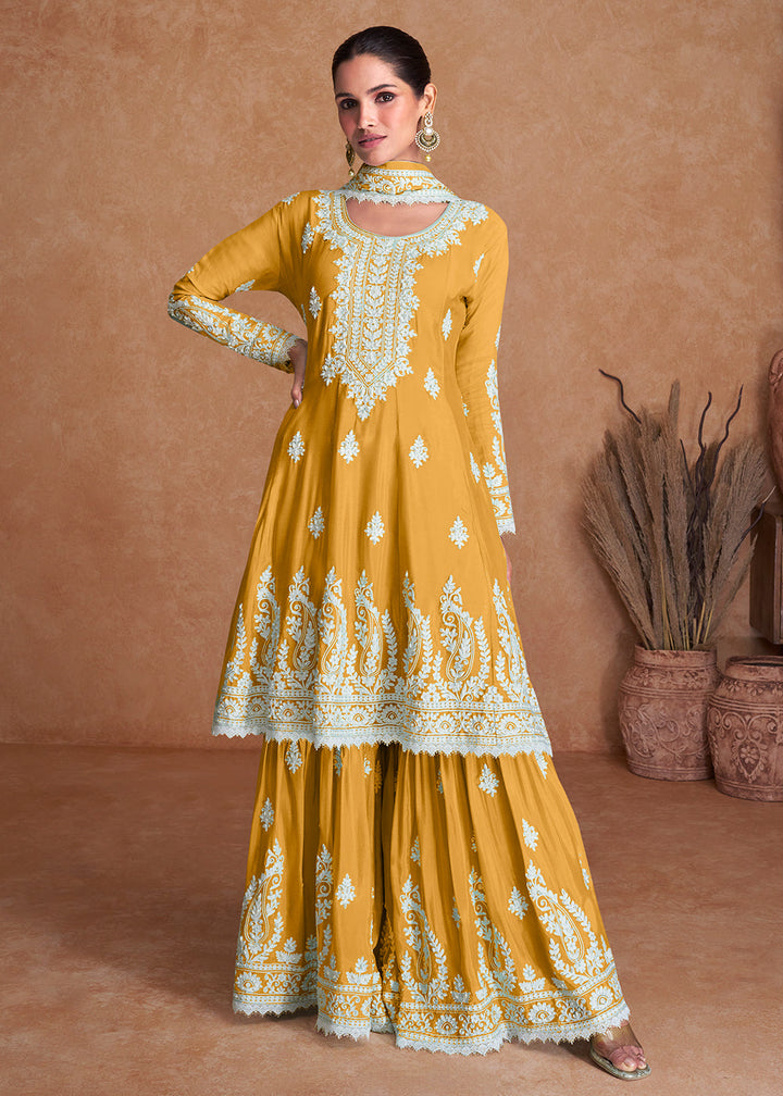 Butterscotch Yellow Silk Plazzo Suit with Embroidery work