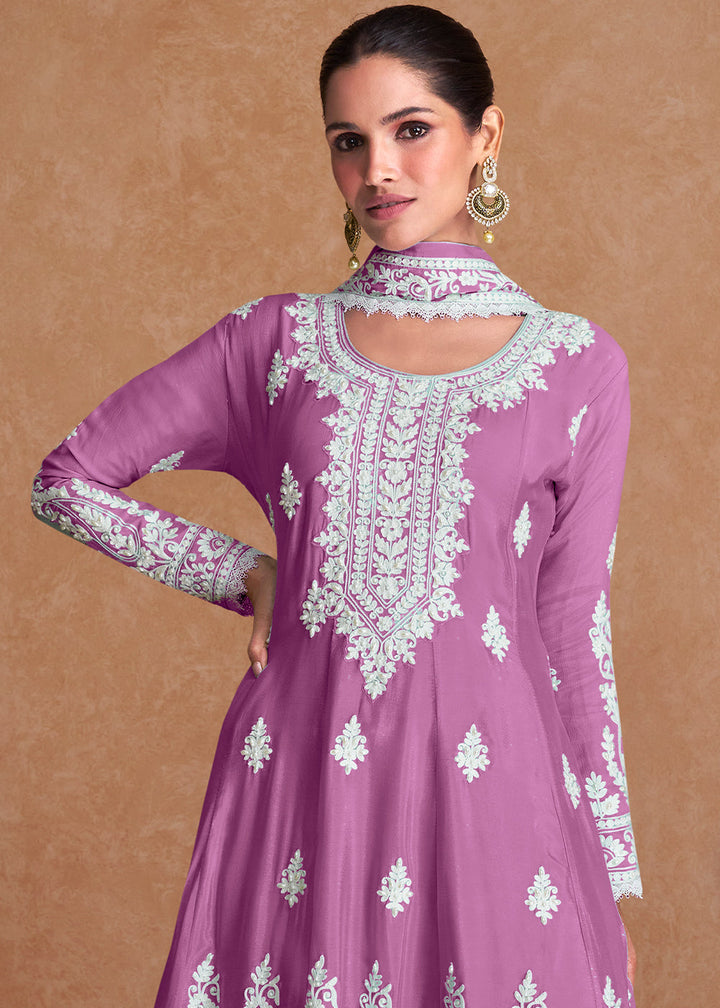 Twitch Purple Silk Plazzo Suit with Embroidery work