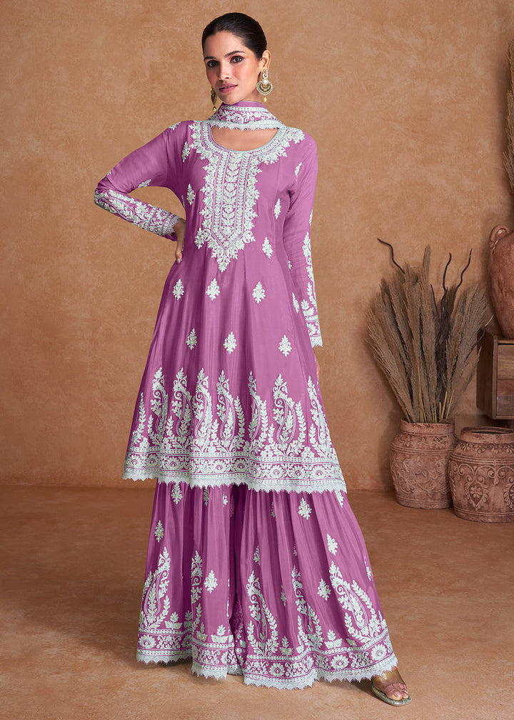 Twitch Purple Silk Plazzo Suit with Embroidery work