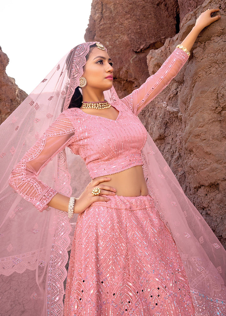 Creamy Pink Net lehenga Choli with Mirror,Zarkan & Cutwork