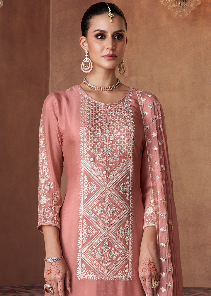 Peach Pink Embroidered Georgette Plazzo Suit