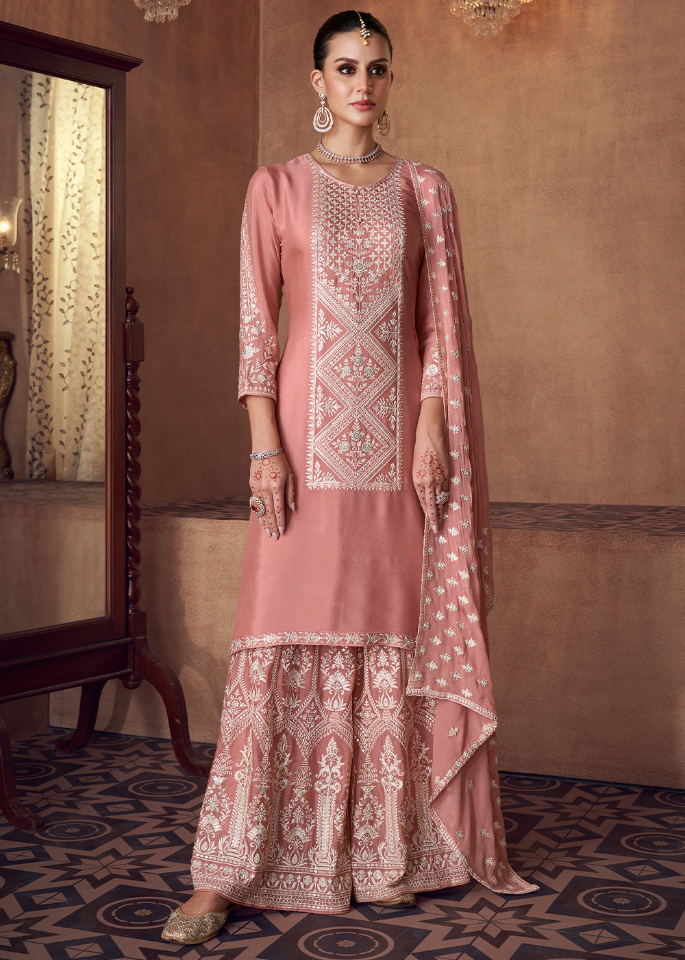 Peach Pink Embroidered Georgette Plazzo Suit