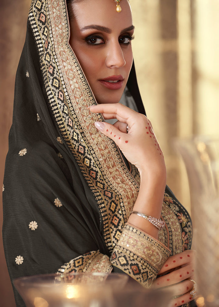 Charcoal Black Embroidered Georgette Plazzo Suit