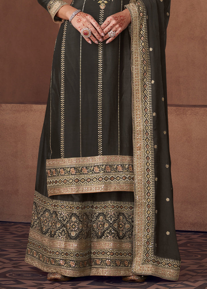 Charcoal Black Embroidered Georgette Plazzo Suit