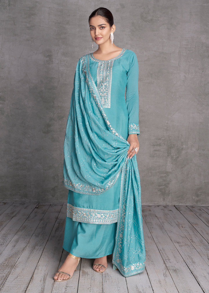 Electric Blue Silk Salwar Suit with Embroidery Work