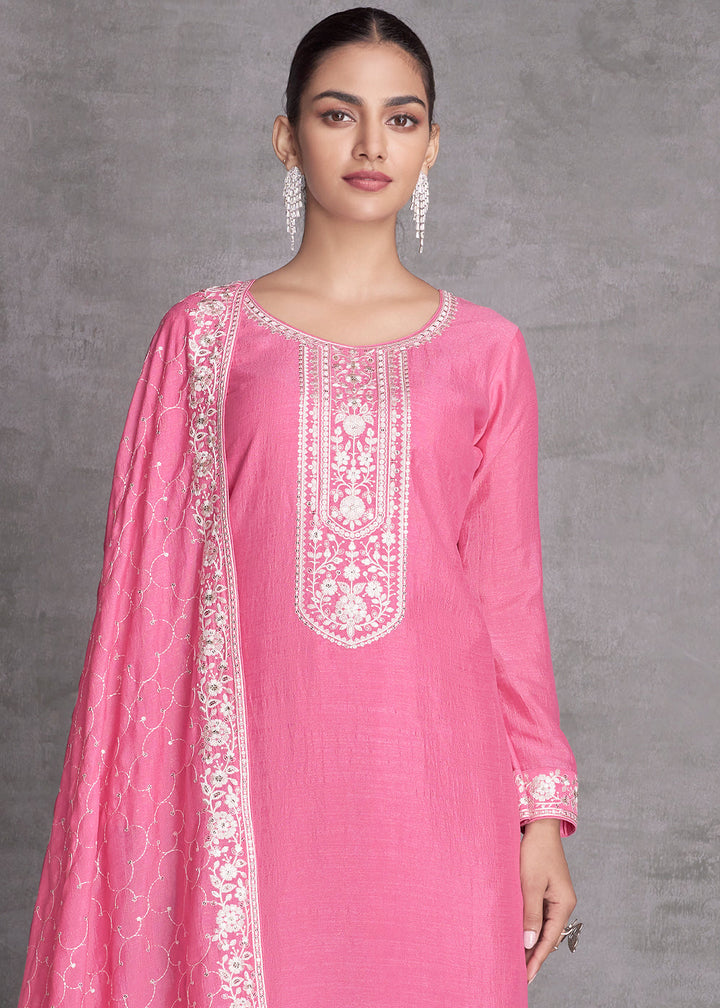 Neon Pink Silk Salwar Suit with Embroidery Work