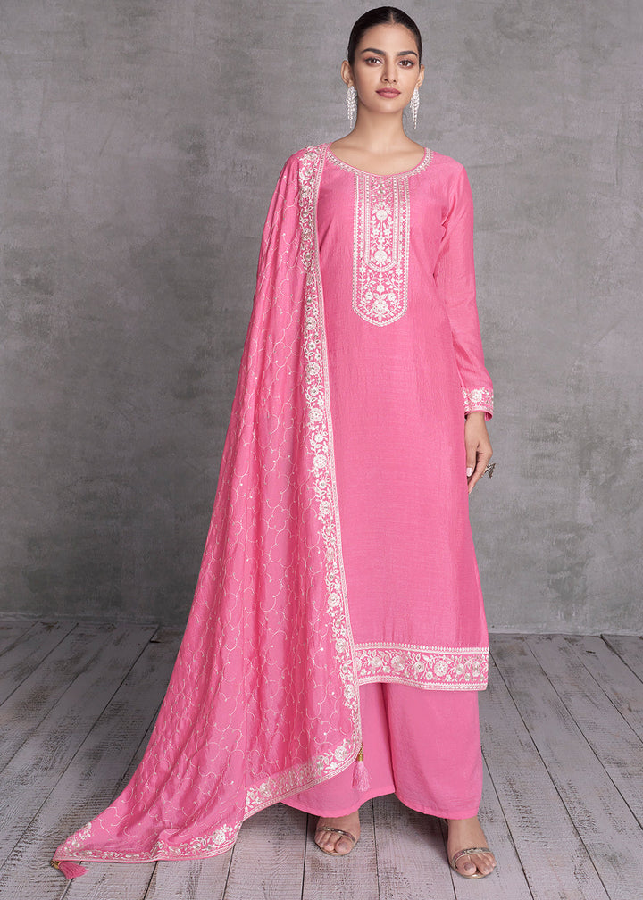 Neon Pink Silk Salwar Suit with Embroidery Work