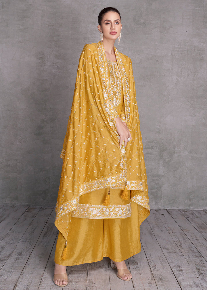 Honey Yellow Silk Salwar Suit with Embroidery Work