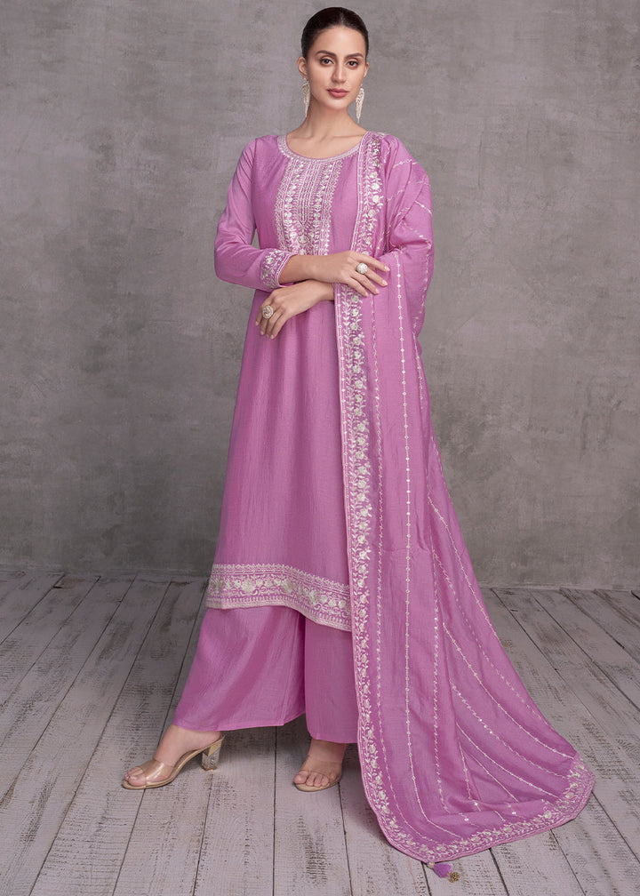 Lilac Purple Silk Salwar Suit with Embroidery Work