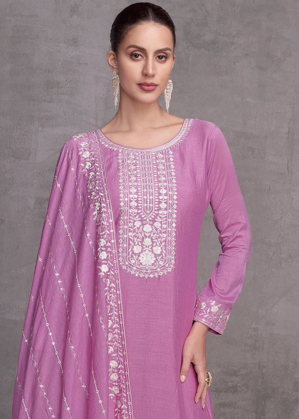 Lilac Purple Silk Salwar Suit with Embroidery Work