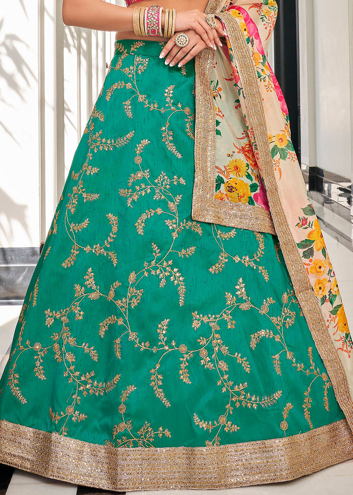 Green & Pink Art Silk Lehenga Choli with Thread, Zari,Dori & Sequins work