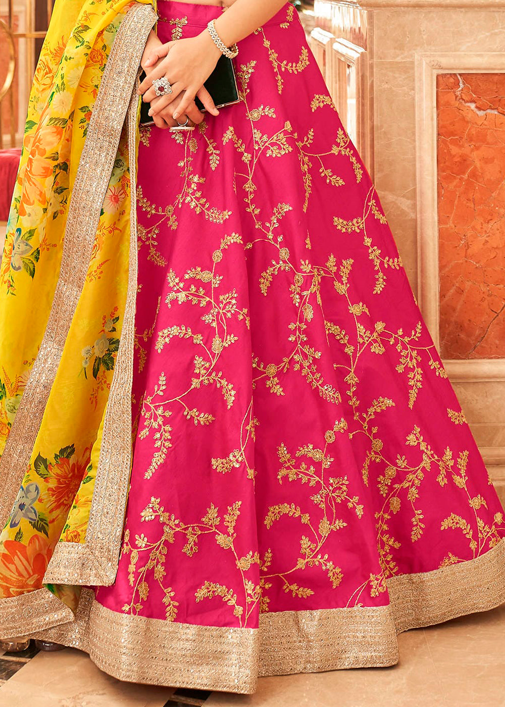 Bright Pink Art Silk Lehenga Choli with Thread, Zari,Dori & Sequins work